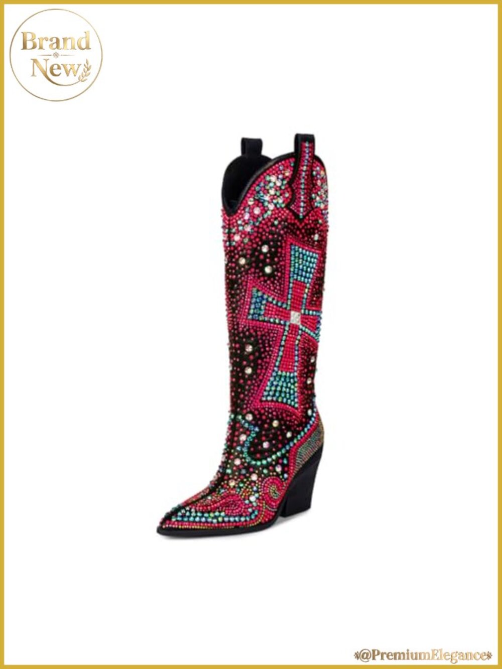 Women's Rhinestone Cowboy Boots Knee High Western Cowgirl Chunky Heel Faux